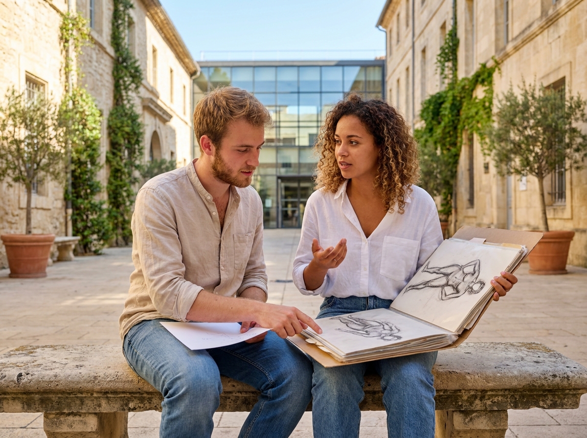 Deux étudiants en animation 3D révisant leurs portfolios dans la cour ensoleillée d'une école du sud de la France
