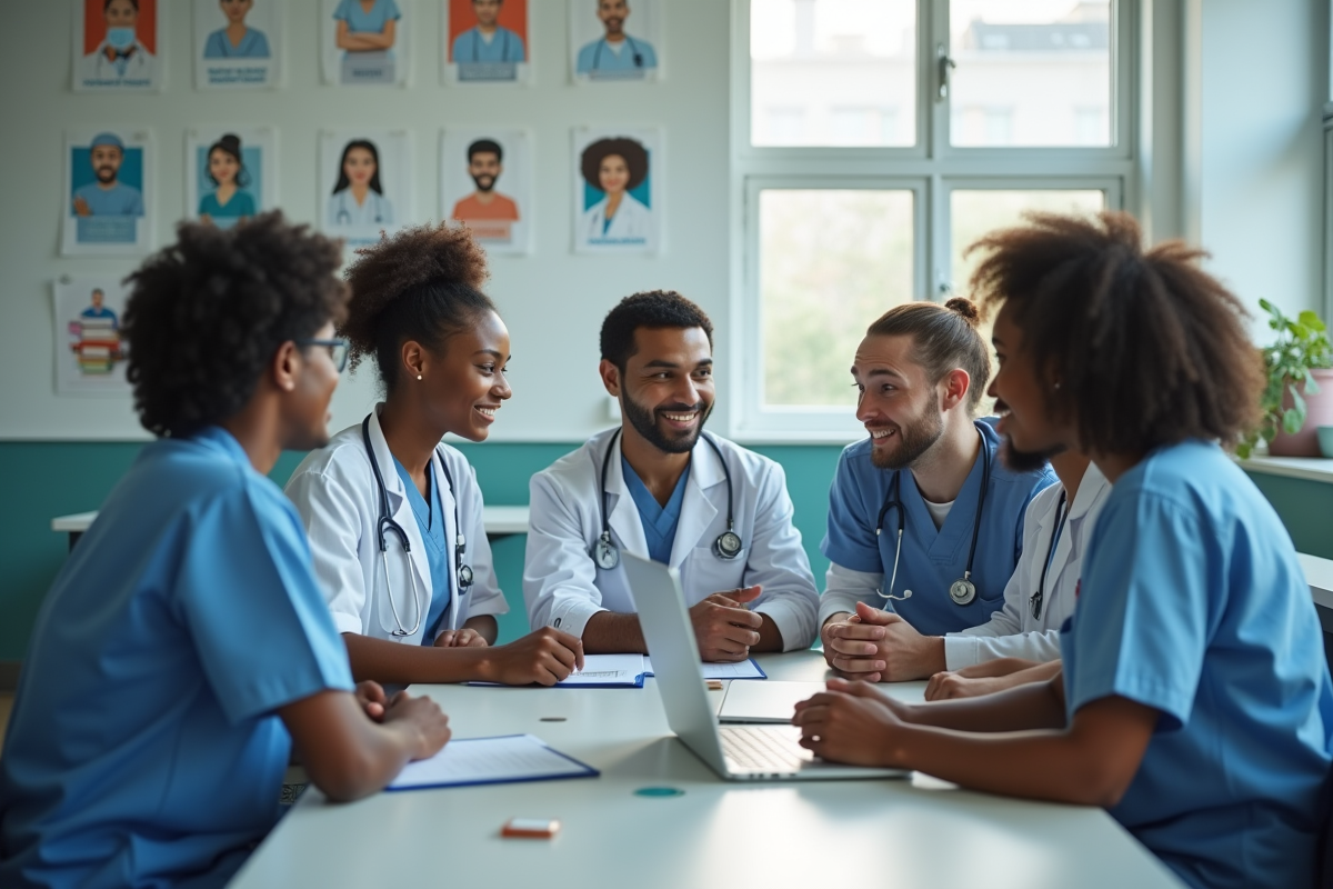 Groupe d etudiants en sante discutant en classe ensoleillee