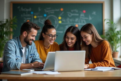 Groupe d'étudiants universitaires discutant autour d'une table