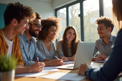 Groupe d'étudiants universitaires collaborant autour d'un ordinateur