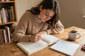Jeune femme étudiant la conjugaison espagnole avec un cahier de notes et un manuel de grammaire posés sur un bureau en bois