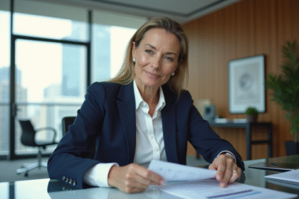 Femme d'affaires confiante en costume navy lors d'une réunion