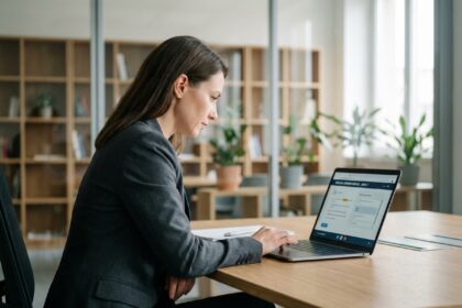 Femme en costume d'affaires utilisant un ordinateur pour apprendre l'anglais