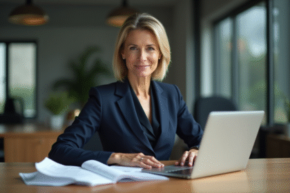 Femme d'affaires en costume navy dans un bureau moderne