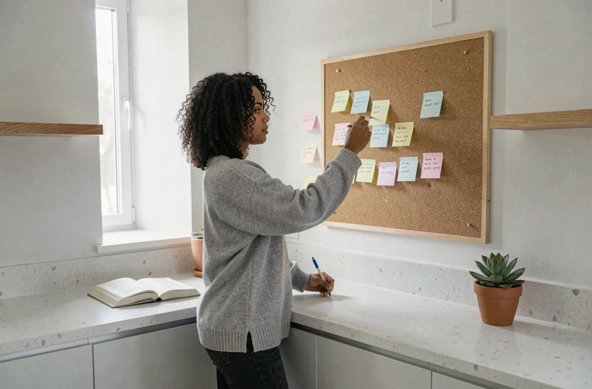 Femme écrivant des affirmations positives sur un tableau de liège dans une cuisine moderne, illustration de la gestion du doute et de la confiance en soi