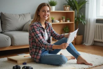 Femme assemble une étagère en bois dans le salon