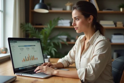 Femme consultant les prix IA sur ordinateur portable pour optimiser son budget en home office