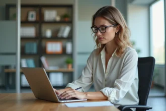 Femme en bureau moderne regardant l'écran de son ordinateur