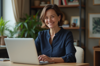 Femme concentrée travaillant sur son ordinateur dans un bureau cosy
