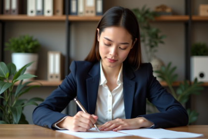 Jeune femme en blazer écrivant une lettre dans son bureau