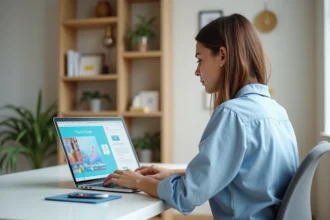 Femme utilisant Canva sur ordinateur portable pour créer une présentation professionnelle dans un bureau moderne