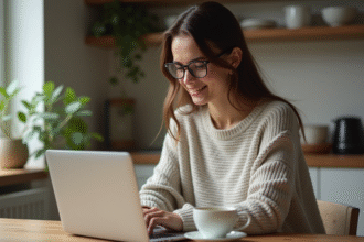 Jeune femme souriante à la maison avec ordinateur et café