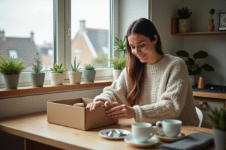 Femme en cuisine moderne emballant des produits