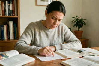 Femme étudiant le subjonctif imparfait espagnol avec des livres de grammaire ouverts sur un bureau en bois