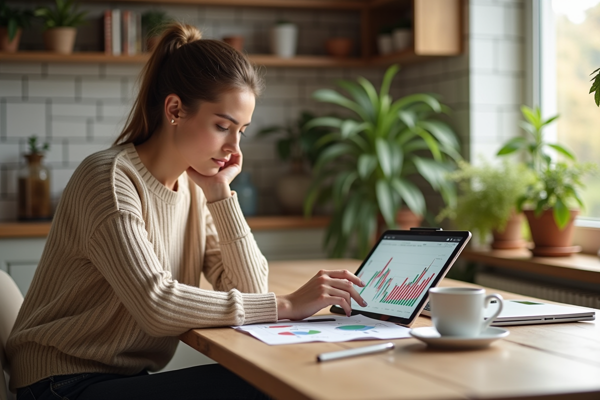 Jeune femme analysant des graphiques financiers sur une tablette