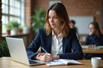Femme adulte suivant une formation courte en ligne financée par le CPF dans un espace de coworking moderne