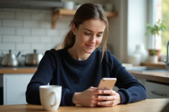 Femme adulte consultant sa formation Moodle GRETA sur smartphone depuis sa cuisine