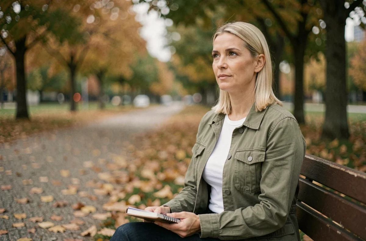 Femme assise sur un banc de parc en automne avec un carnet, regard introspectif symbolisant le dépassement du doute et le développement personnel