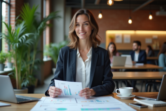 Femme en tenue professionnelle présente un projet dans un espace de coworking
