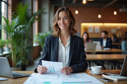 Femme en tenue professionnelle présente un projet dans un espace de coworking