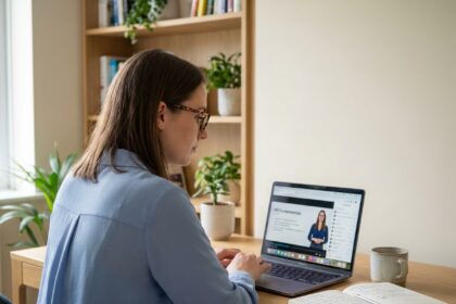Jeune femme professionnelle regardant un cours en ligne sur son ordinateur