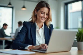 Femme professionnelle analysant des campagnes d'email marketing sur son ordinateur portable dans un bureau moderne