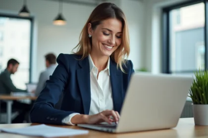 Femme professionnelle analysant des campagnes d'email marketing sur son ordinateur portable dans un bureau moderne