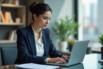 Femme professionnelle travaillant sur un ordinateur portable dans un bureau moderne