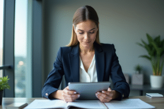 Femme en costume navy consulte son CV sur une tablette moderne