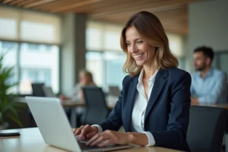 Femme en visioconference dans un bureau moderne