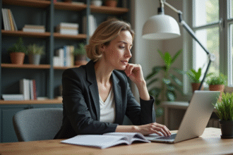 Femme en bureau à domicile consulte son CV sur un ordinateur
