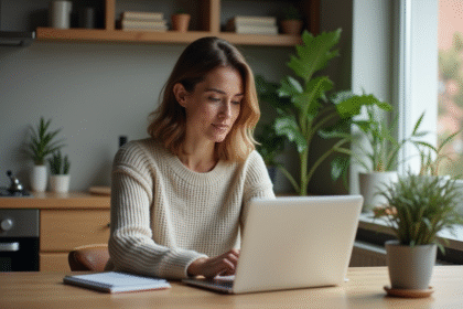 Femme recherchant un emploi sur son ordinateur dans une cuisine lumineuse
