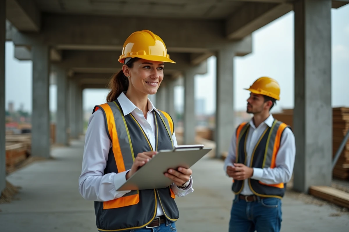 Femme avec casque de chantier en reconversion dans le bâtiment consultant des plans sur un site de construction