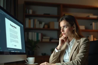 Femme frustrée devant son ordinateur après un refus de dossier France Travail