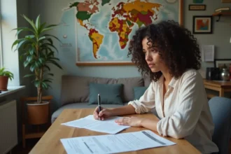 Femme remplissant un formulaire de visa dans un appartement