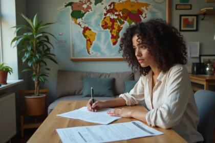 Femme remplissant un formulaire de visa dans un appartement