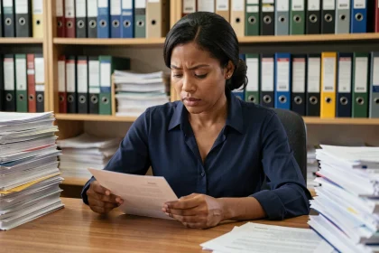 Femme sans papiers lisant attentivement un document officiel dans un bureau administratif pour connaître ses droits à la formation professionnelle