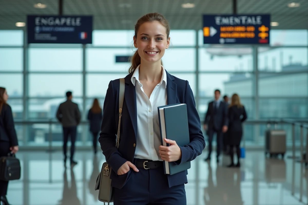 Jeune femme confiante devant le terminal aéroport