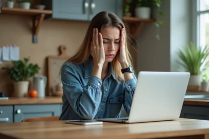 Jeune femme stressée devant son ordinateur en cuisine