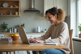 Femme souriante vérifiant le portail scolaire à la maison