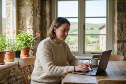 Femme travaillant sur un laptop dans une cuisine rustique lumineuse