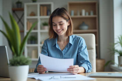 Jeune femme travaillant à domicile avec documents et ordinateur
