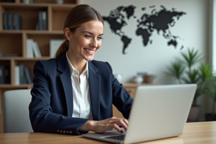 Femme professionnelle mettant à jour son CV sur un ordinateur