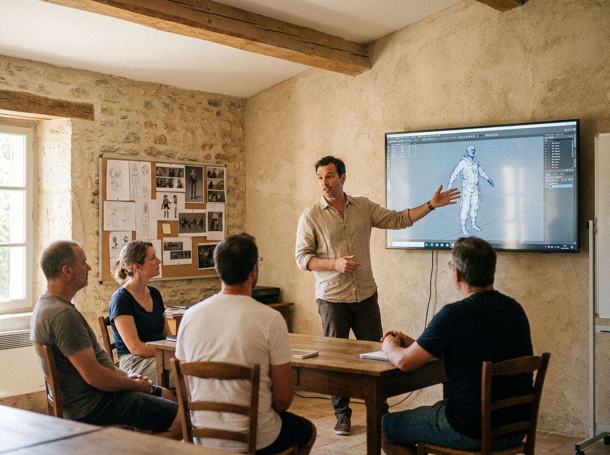 Formateur en animation 3D expliquant un modèle numérique à des étudiants dans une école d'art en Provence