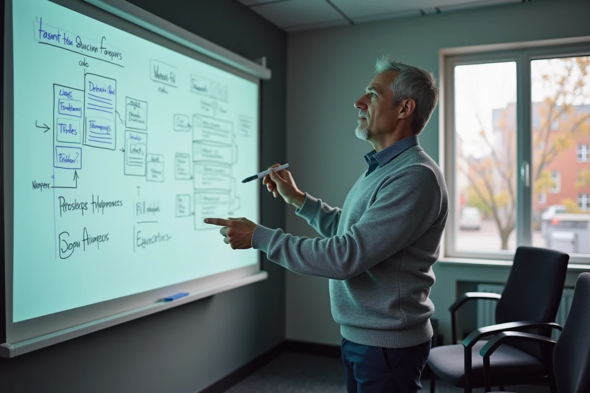 Formateur professionnel animant une session de formation courte pour adultes dans une salle de formation urbaine
