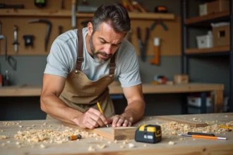 Homme adulte mesurant une planche en bois dans un atelier de bricolage bien équipé, niveau confirmé