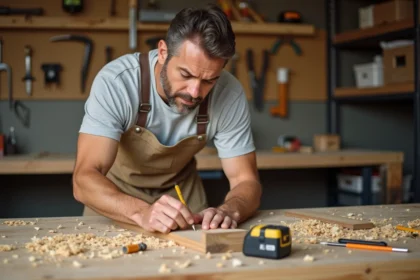 Homme adulte mesurant une planche en bois dans un atelier de bricolage bien équipé, niveau confirmé