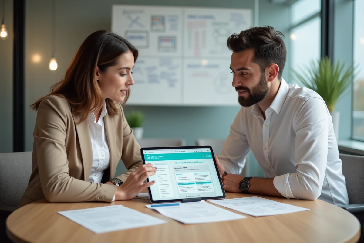 Deux professionnels en réunion consultant une présentation Canva imprimée et une formation en ligne sur tablette