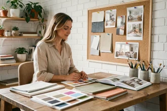 Femme en formation décoration intérieure étudiant des échantillons de tissus et planches d'inspiration dans un studio créatif
