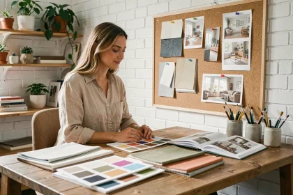 Femme en formation décoration intérieure étudiant des échantillons de tissus et planches d'inspiration dans un studio créatif